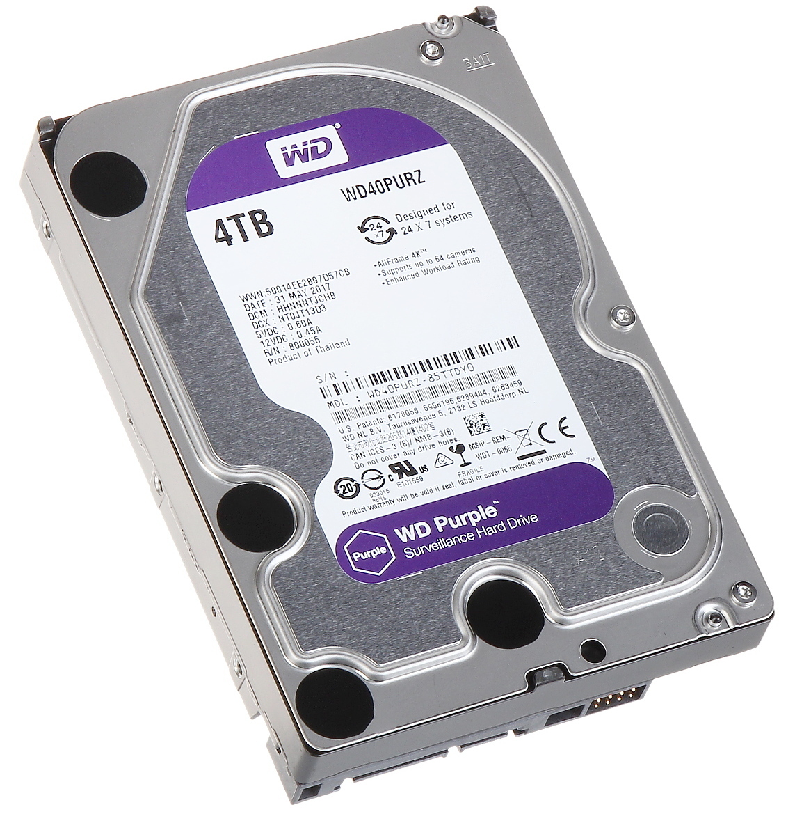 Жесткий диск WD Purple WD40PURZ, 4ТБ, HDD, SATA III, 3.5"