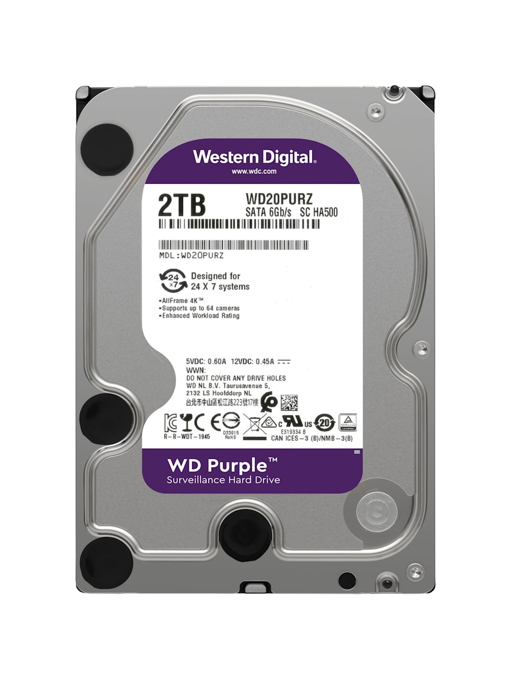 Жесткий диск WD Purple WD20PURZ, 2ТБ, HDD, SATA III, 3.5"
